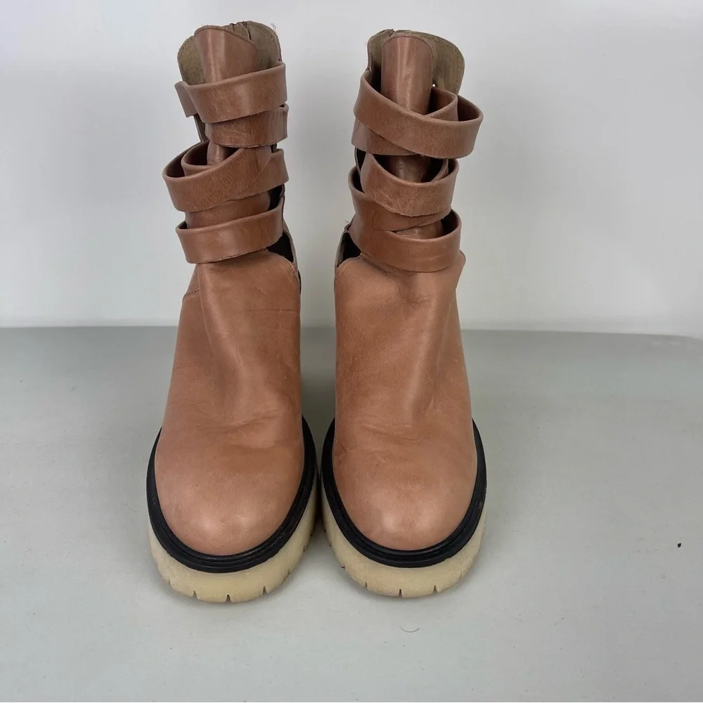 Free People Tan Leather Strappy Jesse Cutout Boots Chunky Women's Size 41 US 10